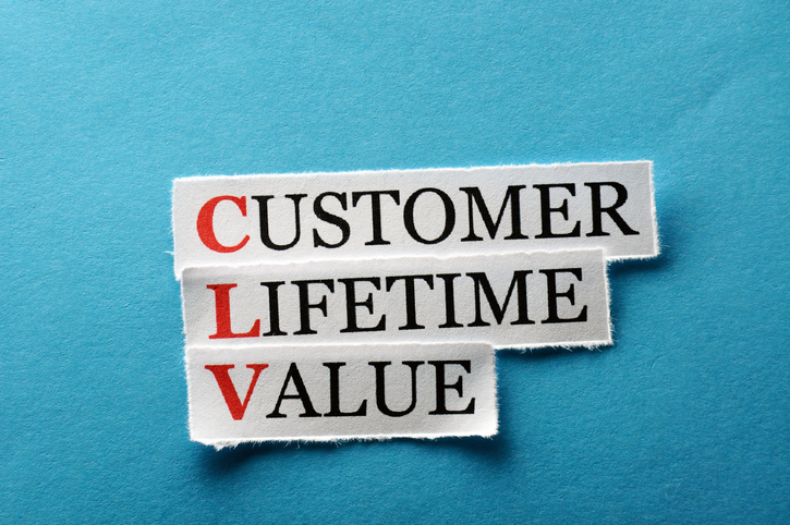 CLV customer lifetime value, words on cut paper hard light