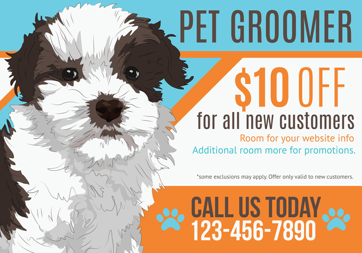 Cute puppy advertising pet grooming salon postcard with coupon template. This is an eps10 file.