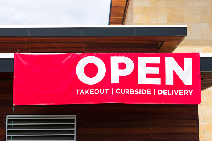 Open for takeout, curbside and delivery outdoor advertisement banner for restaurant.